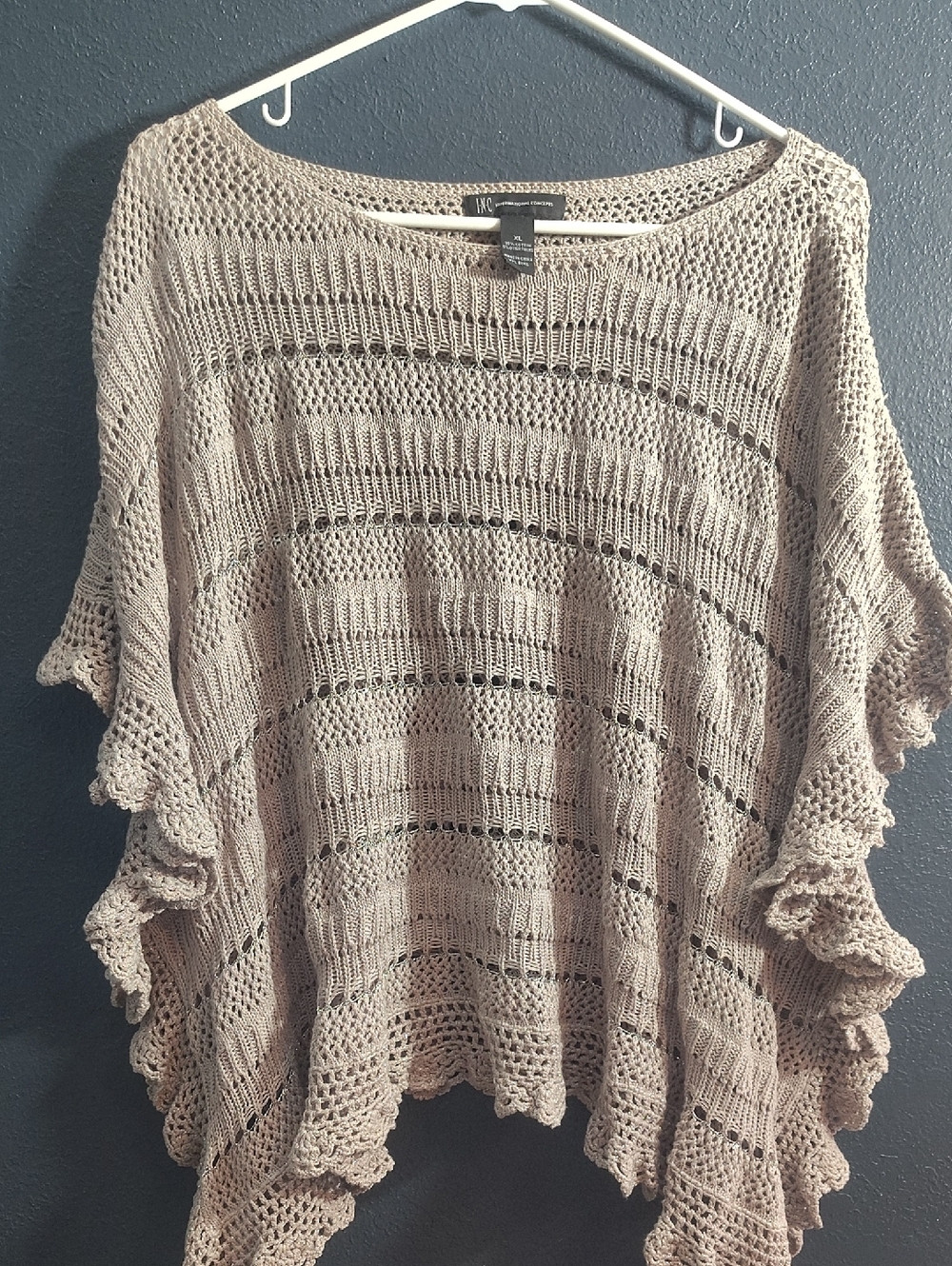 INC International Concepts Taupe Open-Knit Ruffle Poncho